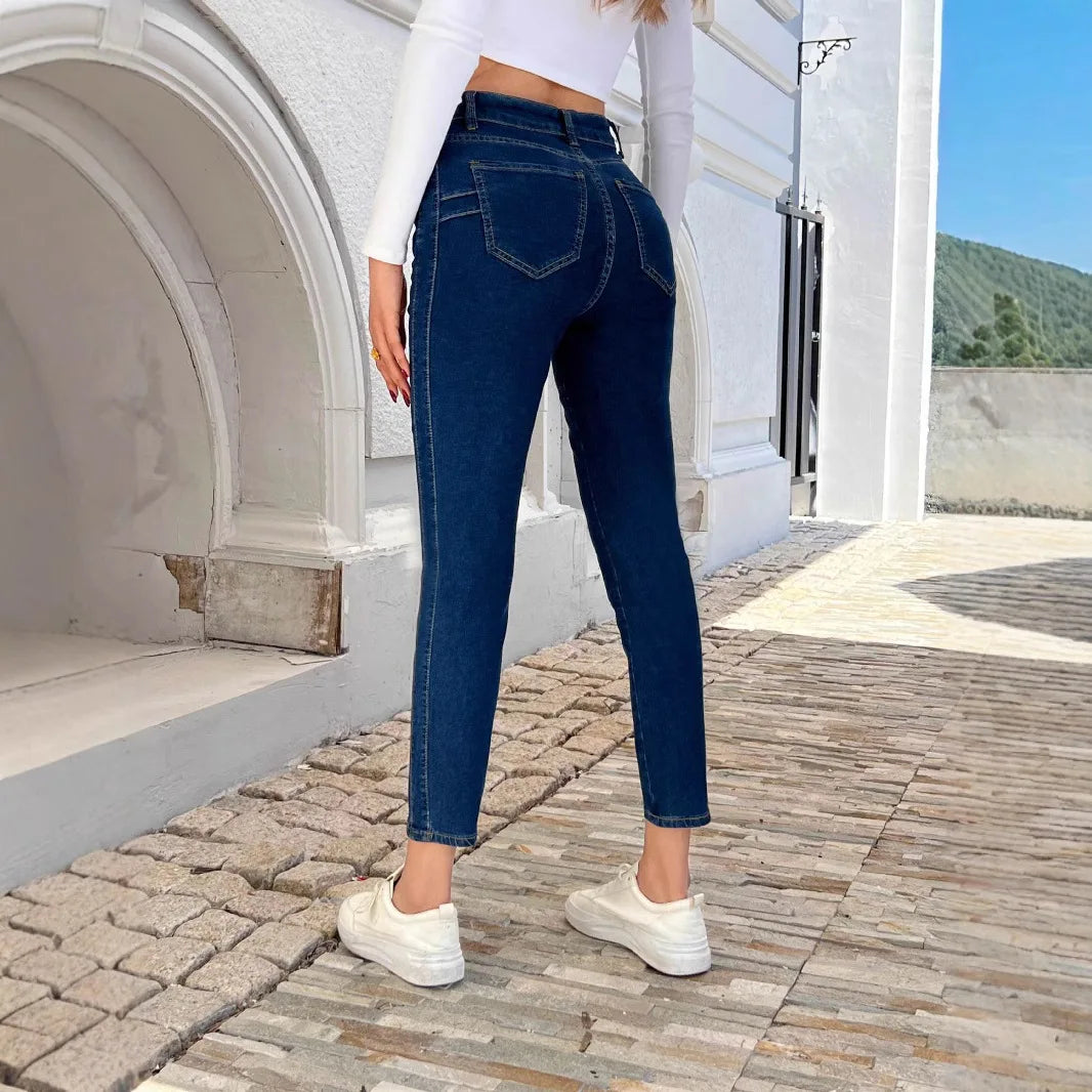 Europe and The United States Women's New Skinny Stretch Small Leg Jeans Four Seasons Simple Casual Denim Nine-point Pants Women