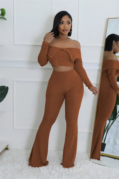 Sexy Knitted Two Piece Set for Women Birthday Outfits Off Shoulder Slash Neck Crop Top and Flare Pants Set Conjuntos Femininos