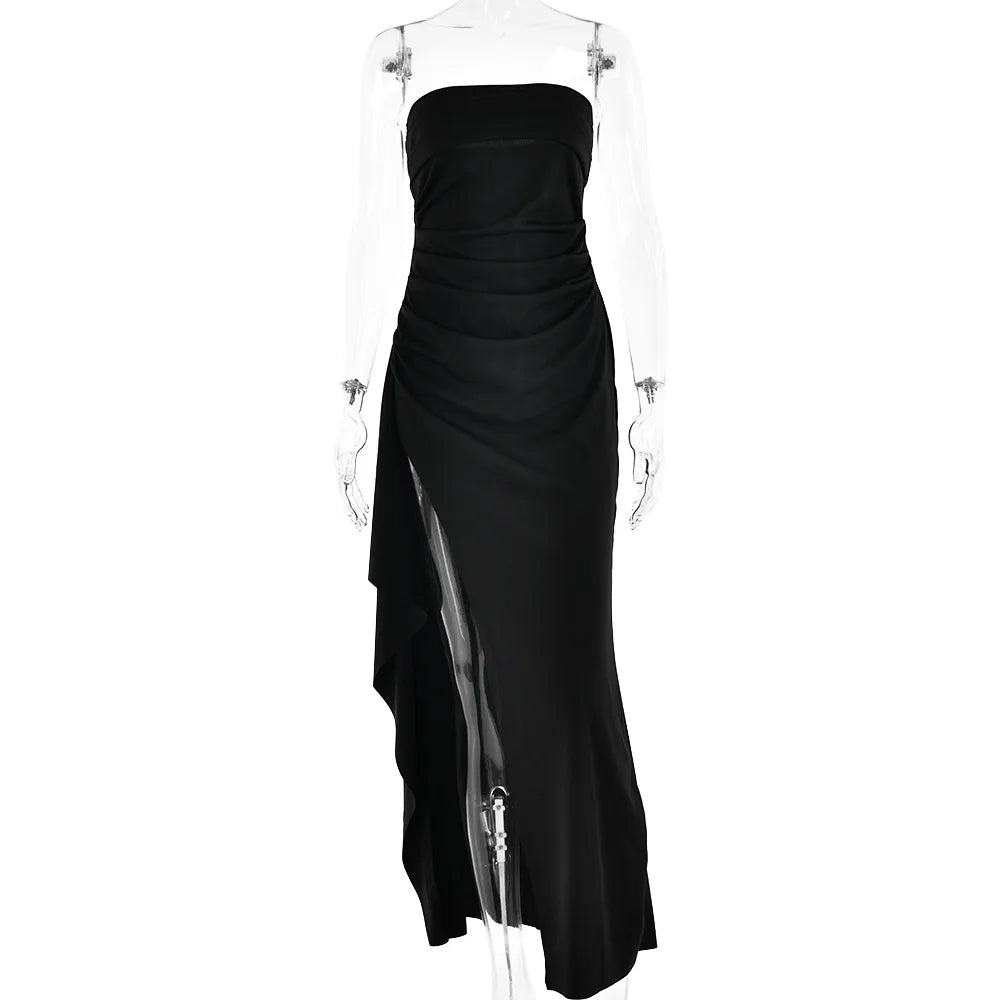 Cryptographic Off Shoulder Elegant High Rise Split Maxi Dress Club Outfits for Women Sexy Strapless Evening Dresses Ruched Gown