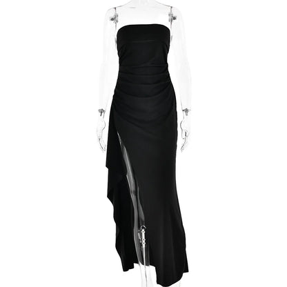 Cryptographic Off Shoulder Elegant High Rise Split Maxi Dress Club Outfits for Women Sexy Strapless Evening Dresses Ruched Gown