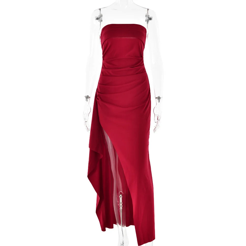 Cryptographic Off Shoulder Elegant High Rise Split Maxi Dress Club Outfits for Women Sexy Strapless Evening Dresses Ruched Gown