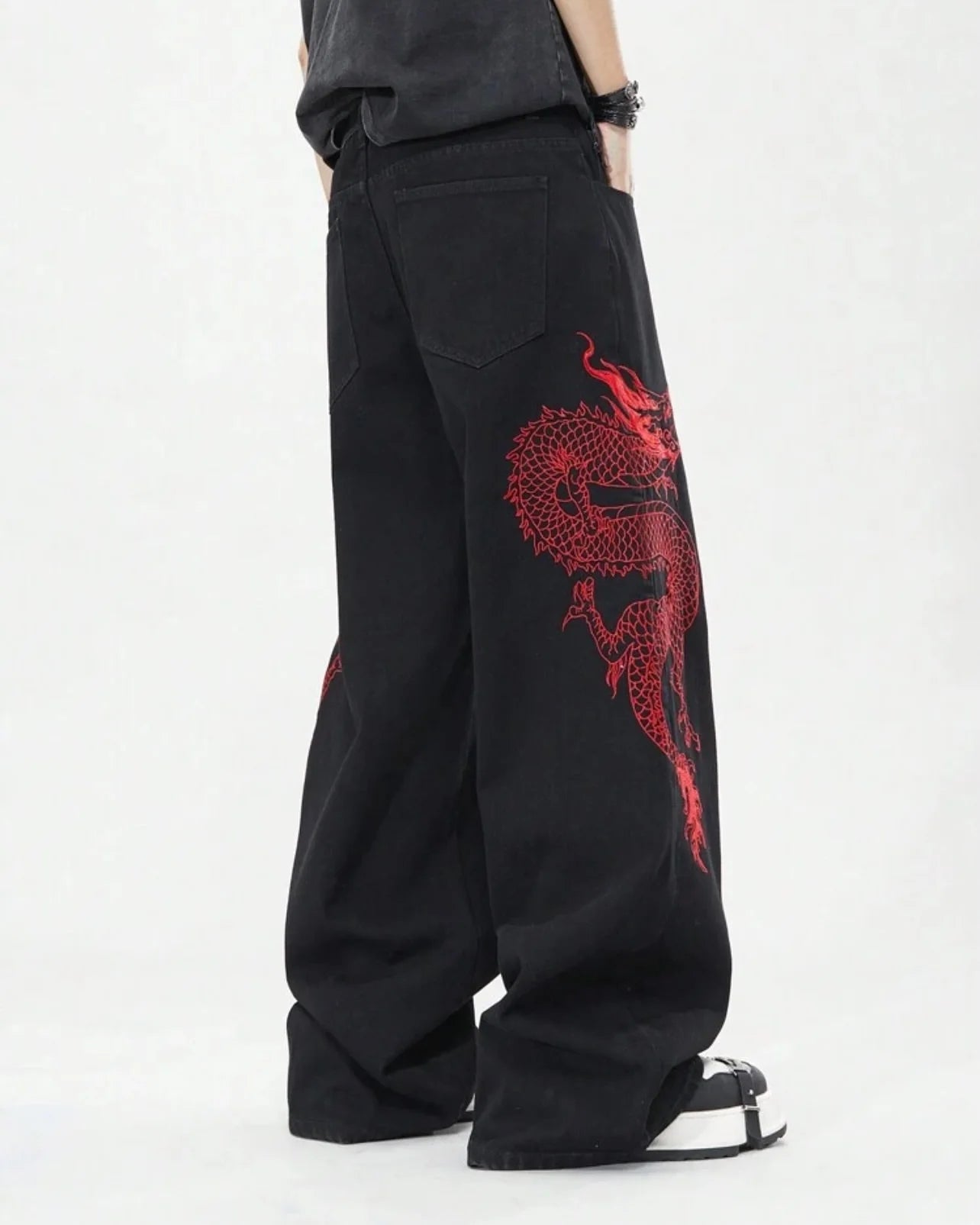 American New Retro Oriental Dragon Design Fashionable Loose Jeans Men Street Hip-hop Casual Straight Wide-leg Pants Women