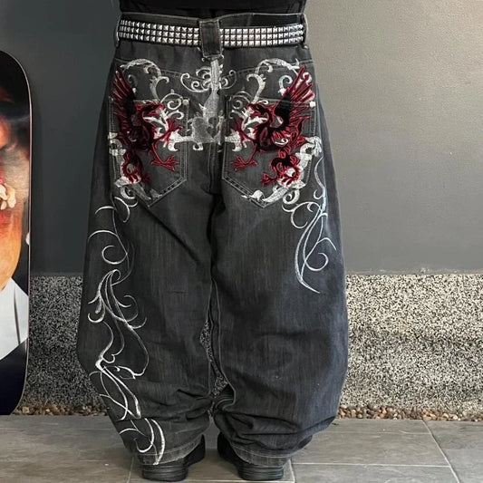 Streetwear Y2K Gothic Denim Trousers Harajuku Punk Dinosaur Embroidery Washed Jeans Hip Hop Wide Leg Oversized Jeans Mens Womens