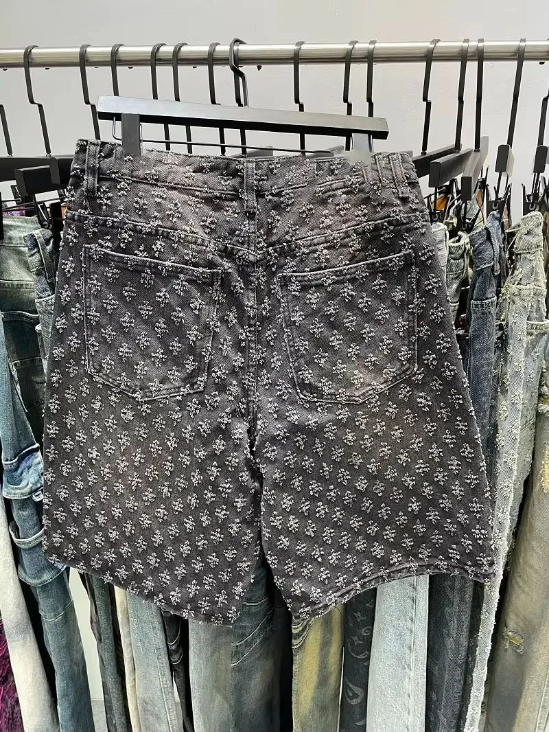 Fashion Casual Summer Light Blue Distressed Men Denim Shorts Smart Straight Leg Loosen Male High Street Niche Design Tide Shorts