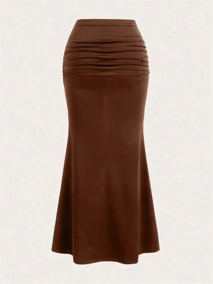 Solid Bodycon Ruched Long Skirt Women Sexy Black Elastic Elegant High Waist Mermaid Maxi Skirts Summer Streetwear