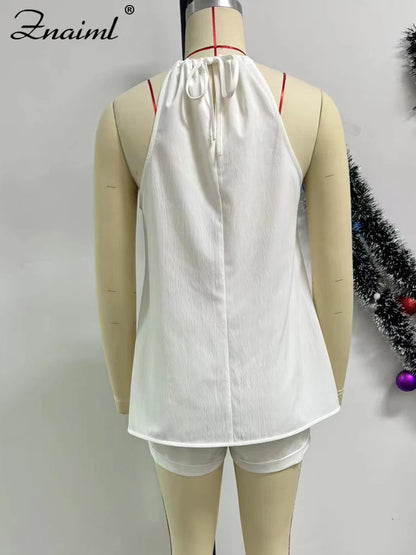 Znaiml Elegant Slit Hollow White Two 2 Pieces Set for Women Halter Bandage Sleeveless Top and Shorts Outfits 2pcs Beach Clubwear
