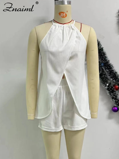 Znaiml Elegant Slit Hollow White Two 2 Pieces Set for Women Halter Bandage Sleeveless Top and Shorts Outfits 2pcs Beach Clubwear