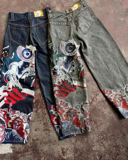 Streetwear Y2K Jeans Mens Womens Casual Hip Hop Punk Baggy Jeans Retro Oversized Graphic Embroidery High Waisted Wide Leg Jeans
