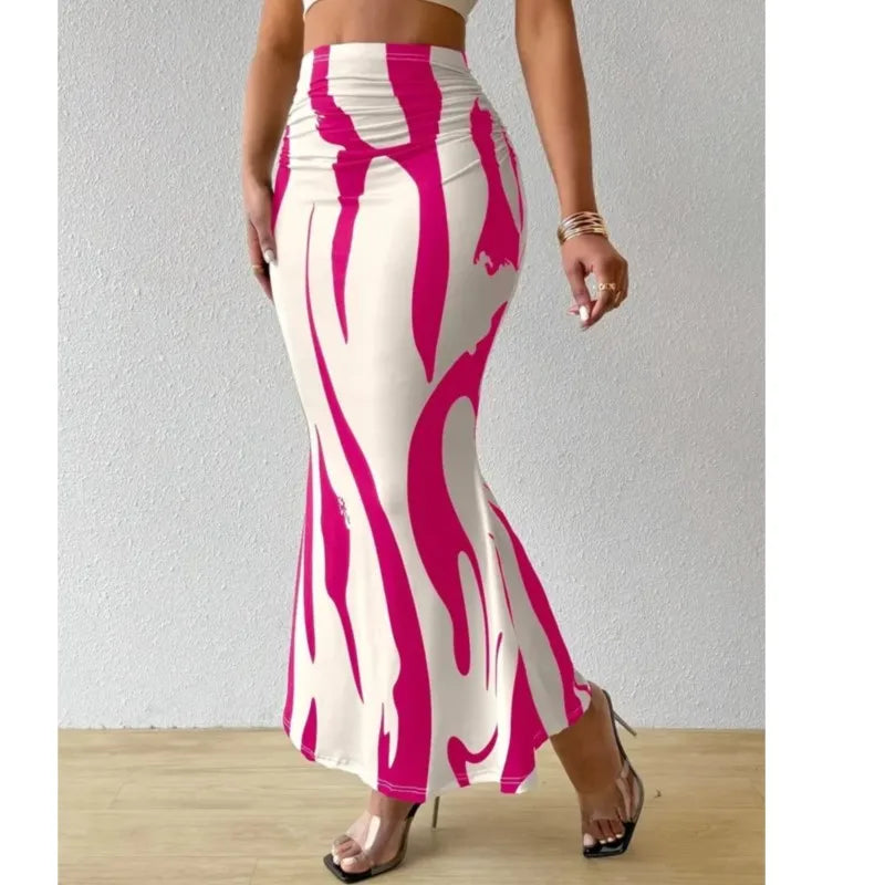 Long Skirts For Women Dressy Casual Graphic Zebra Print Pleated Skirts Spring New Fashion Elastic High Waist Geometry Streetwear