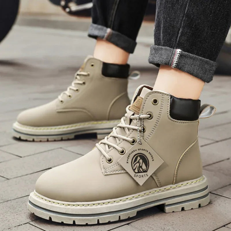 High Top Boots Men's Leather Shoes Fashion Outdoor Ankle Boots for Men Lace-Up Comfortable Male Boots Non Slip Flat Boot Botas