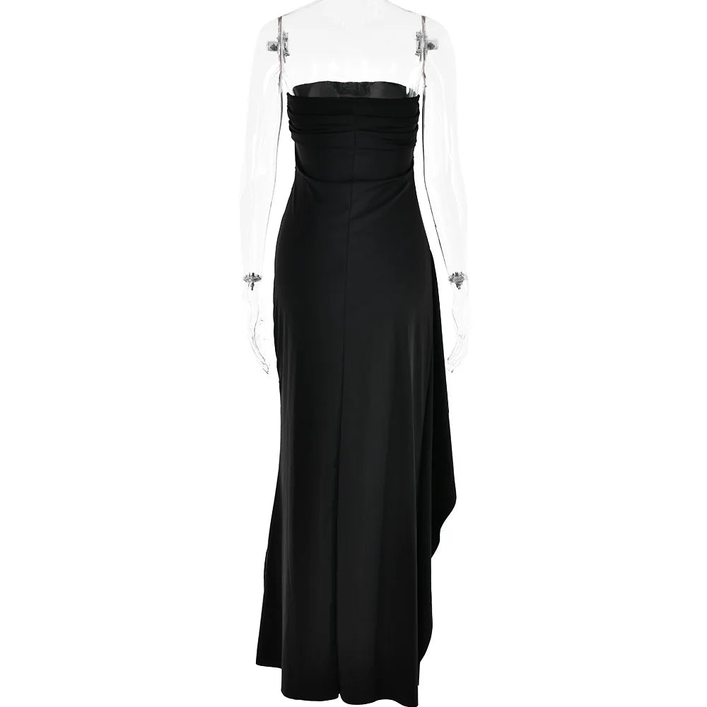 Cryptographic Off Shoulder Elegant High Rise Split Maxi Dress Club Outfits for Women Sexy Strapless Evening Dresses Ruched Gown