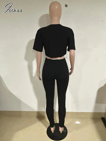 Joskaa Elegant 2 Piece Set Women Sexy Hollow Pin Short Sleeve Crop Tops and Pencil Pants Matching 2025 Summer Party Club Outfits