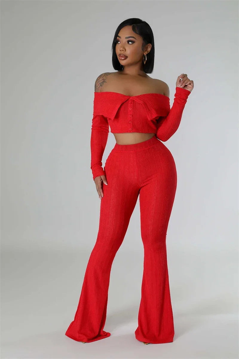 Sexy Knitted Two Piece Set for Women Birthday Outfits Off Shoulder Slash Neck Crop Top and Flare Pants Set Conjuntos Femininos