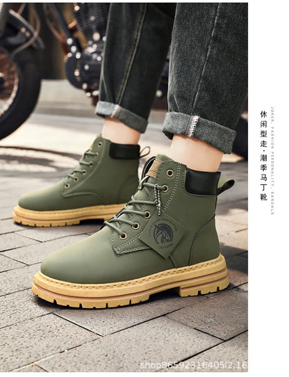 Men's Boots Lace Up 2024 Winter New High Top Leisure All-match Men's Casual Boots Non-slip Trend Rubber Men Flat Boots