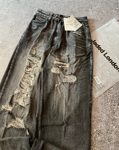 Y2K American New Hole Oversized Printing Washed Old Casual Jeans Men Punk Fashion Vintage Hip Hop High Waist Wide Leg Pants
