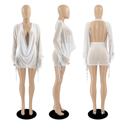 Y2k Sexy Chiffon Transparent Mini Dress Women Fashion Deep V-neck Long Sleeve Dresses Female Trend Vintage Street Party Clothing