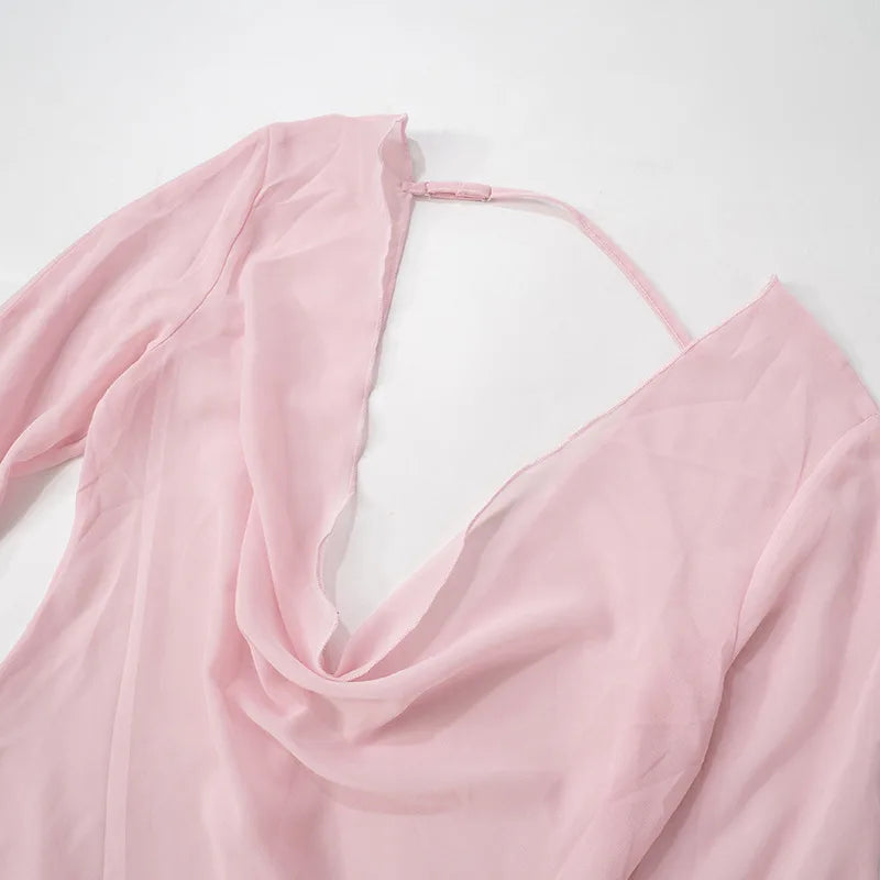 Sexy Deep V-Neck Nightgown Trendy Pink Backless Flare sleeve Sheer Mini Dress Women's Sensual Clothing Sleepwear Loungewear Pjs