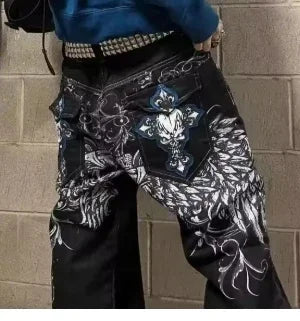 Harajuku Embroidered Baggy Jeans Men Women Hip Hop Vintage Black Wash Baggy Jeans Low Rise Wide Leg Pants American Y2K Clothes