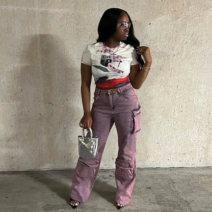 High Waist Tie Dye Denim Pants Women's Workwear Style Loose Fit Multi Pocket Trendy Street Fashion Long Trousers