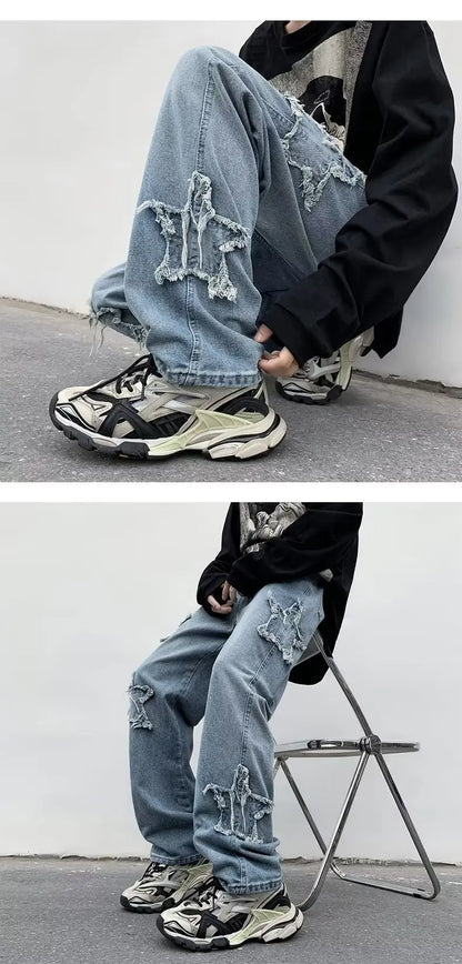 2025 New Fashion Stars Towel Embroidery Brown Men Jeans Pants Y2K Clothes Straight Hip Hop Cotton Trousers Pantalon Homme
