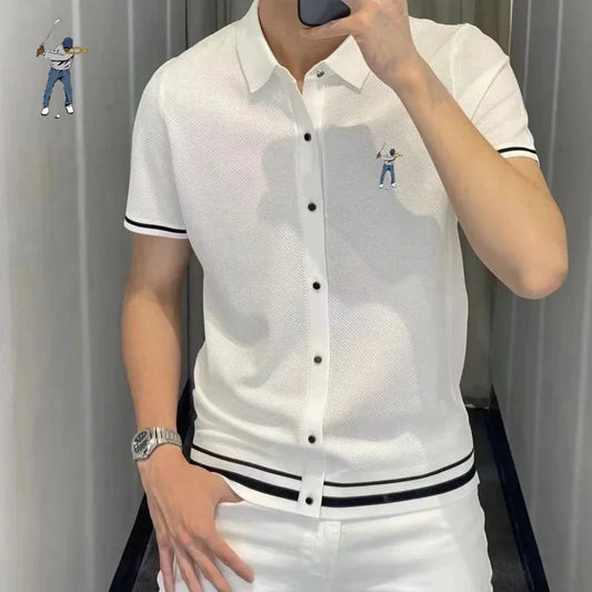 Luxury Fashion Golf Shirts Stripe Lapel Slim Appear Thin Polo T Shirts Business Casual Polo Men's Short Sleeved Top Summer 2025