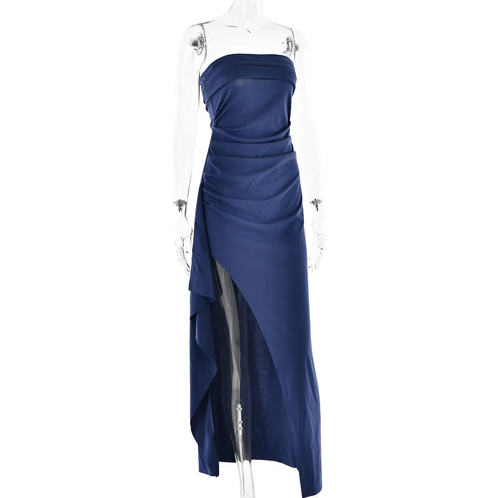 Cryptographic Off Shoulder Elegant High Rise Split Maxi Dress Club Outfits for Women Sexy Strapless Evening Dresses Ruched Gown