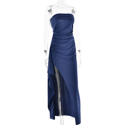 Cryptographic Off Shoulder Elegant High Rise Split Maxi Dress Club Outfits for Women Sexy Strapless Evening Dresses Ruched Gown