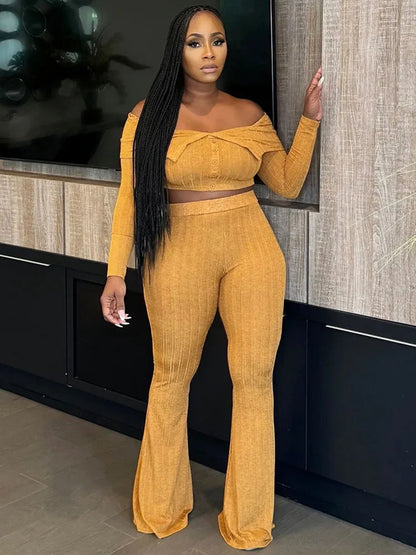 Sexy Knitted Two Piece Set for Women Birthday Outfits Off Shoulder Slash Neck Crop Top and Flare Pants Set Conjuntos Femininos