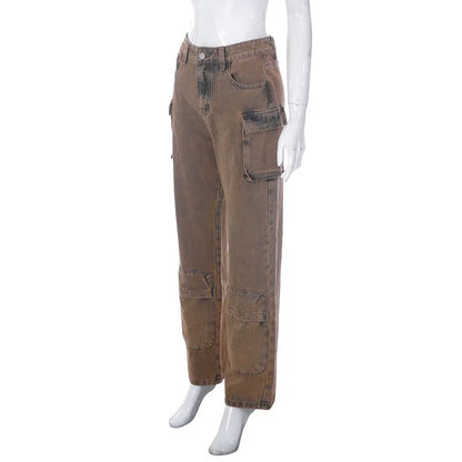 High Waist Tie Dye Denim Pants Women's Workwear Style Loose Fit Multi Pocket Trendy Street Fashion Long Trousers