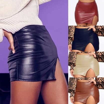 Leather Slim Mini Skirt Sexy Fashion PU Hot Short High Waist Skirt Korean Nightclub Faux Leather High Waist Split Skinny Skirt