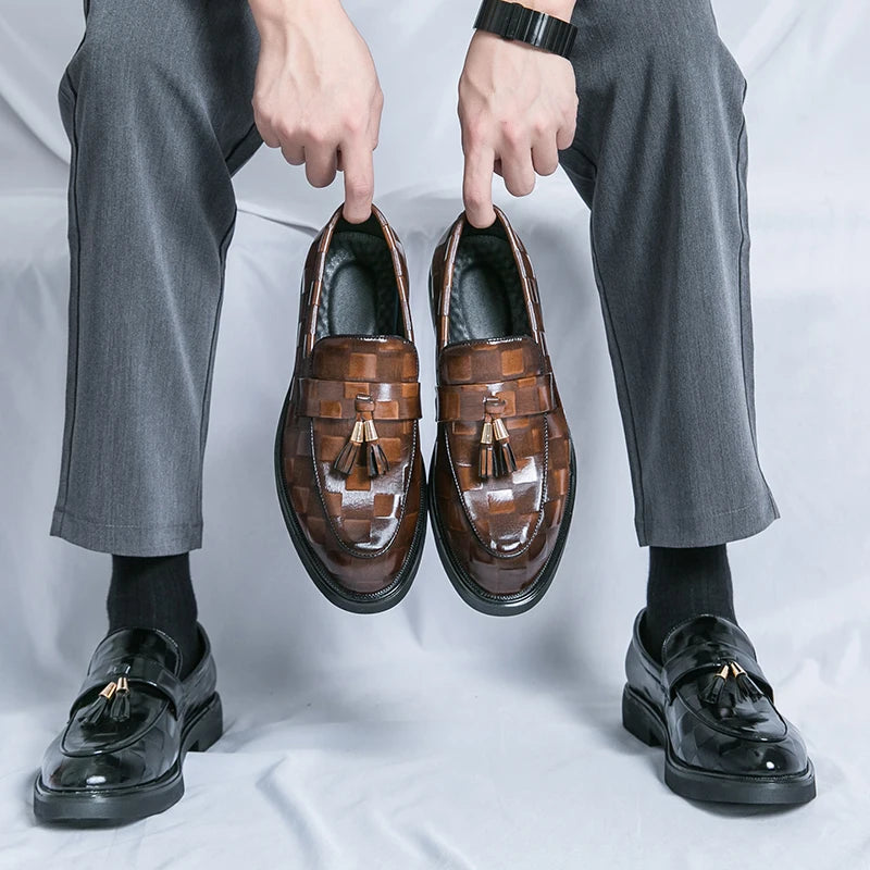Fashion Business Chequer Loafers Men's Slip-On Brown Office Moccasins Male Dress Shoes Career Black Leather Shoes Plus Size38-47