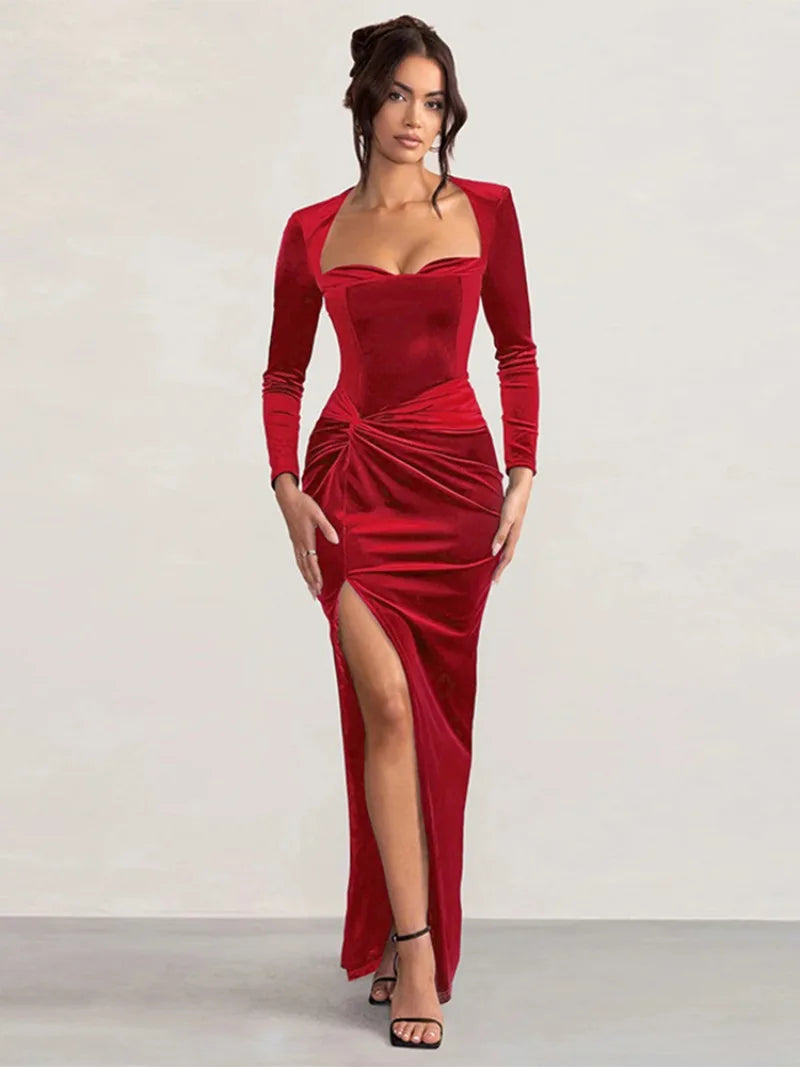 Trendix Velvet Elegant Evening Dress For Women Square Collar Long Sleeve Sexy Maxi Dresses Party Solid Slim Side Slit Dress 2025
