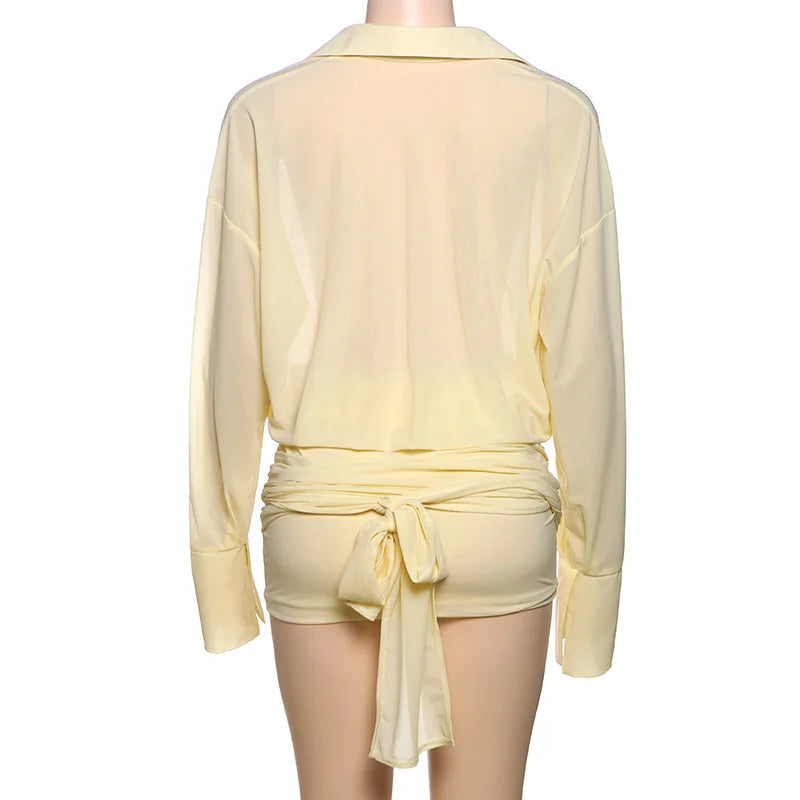 Cryptographic Fashion See Through Shirt Mini Dress Flare Sleeve Sexy Club Party Bandage Ruched Lapel Dresses Outfits Clothes