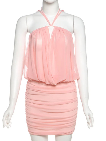 Weird Puss Sexy Mesh Dress Women Elegant Backless Ruched Draping Summer Strapless Summer Beach Vacation Midnight Party Bodycon