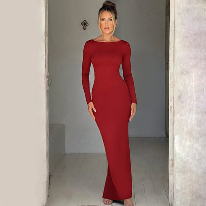 Hugcitar Spring Elegant Long Sleeve Backless Solid Cuched Sexy Bodycon Maxi Prom Dress Women Outfit Evening Party Festival Y2K