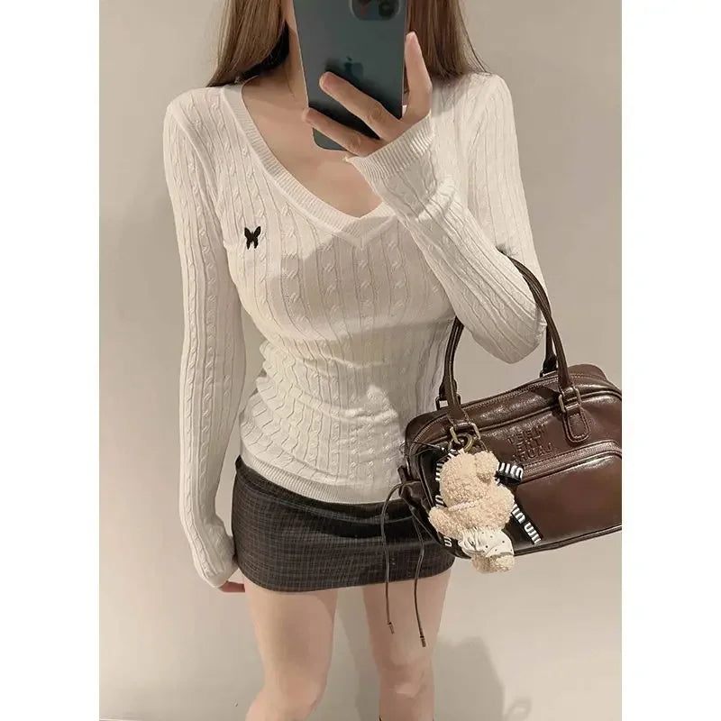 Casual V Neck White Pullovers Women Sweaters Autumn Winter Basic Long Sleeve Y2k Clothes Korean Pink Grey Ladies Tops Jumpers