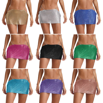 Women Sparkly Sequins Mini Skirt Low Waist Metal Chains Waistband Glitter Skirts Sexy Miniskirt Nightclub Rave Party Clubwear