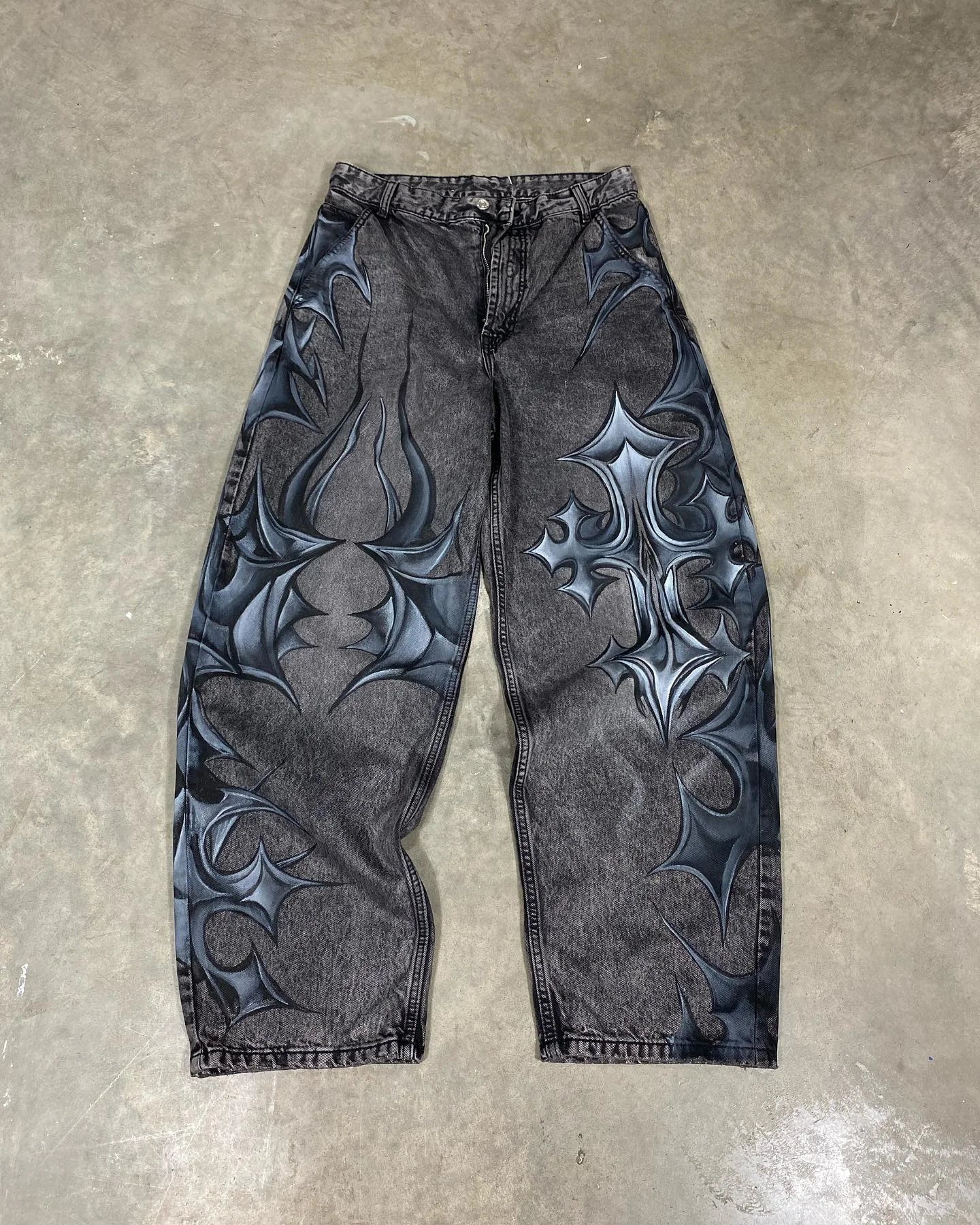 Vintage Mens Baggy Black Jeans Summer Gothic Cross Graffiti Straight Denim Pants High Street Women Casual Wide Leg Trousers