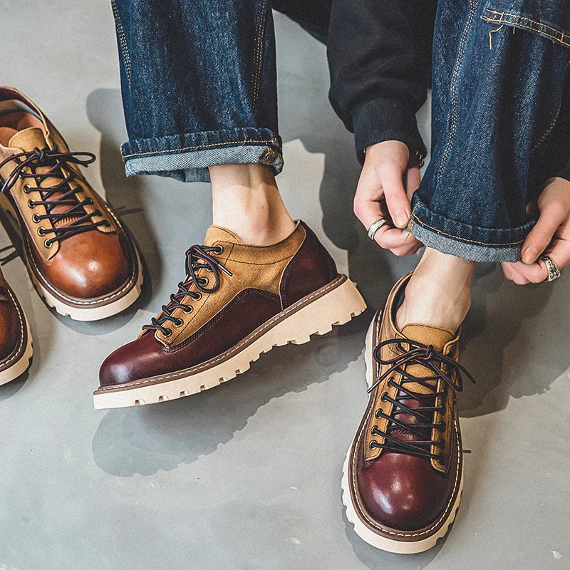 British Style Men's Work Shoes American Thick Soled Casual Shoes Men's Leather Trendy Shoes Retro Style  Luxury Shoes