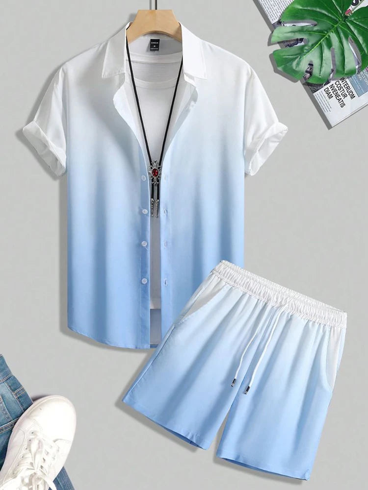 Coconut Tree Print Men's Shirt Gradient Short Sleeve And Beach Shorts Sets Summer Casual Loose Shirts Hawaiian Style Man Outfit