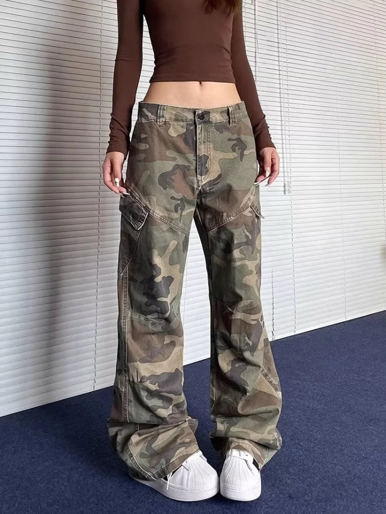2024 Cyber Y2K Streetwear Washed Camouflage Pleated Baggy Jeans Cargo Pants For Women Clothes Underwear Lady Casual Trousers