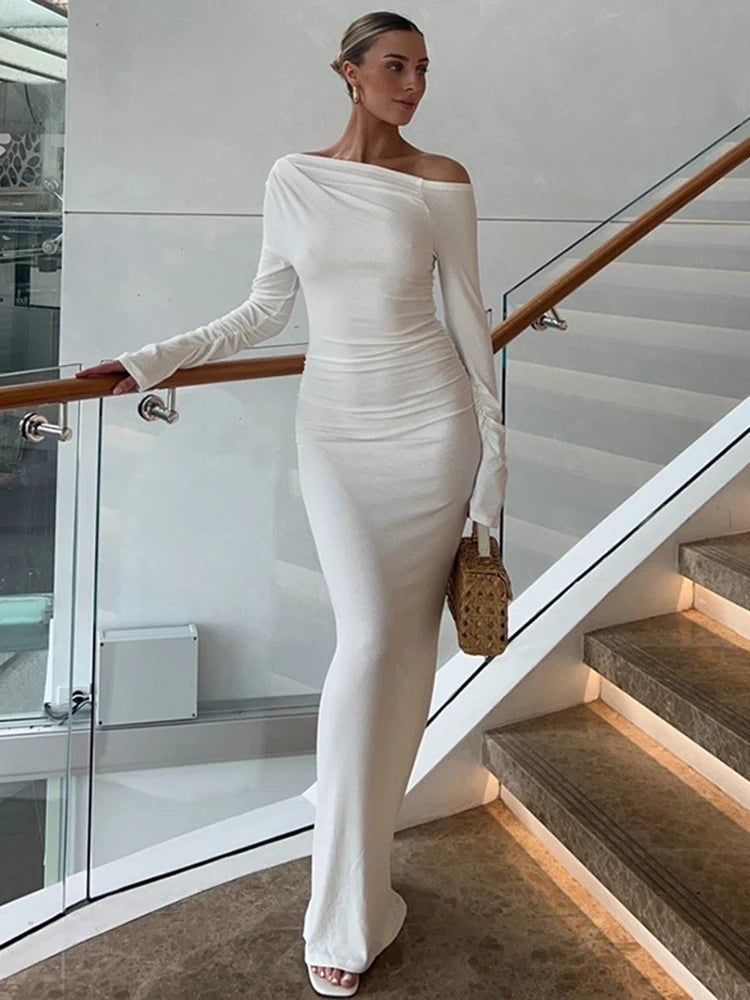 TARUXY White Skew Collar Long Sleeve Maxi Dress For Women 2024 Autumn Winter New Bodycon Elegant Party Dress Female High Waist