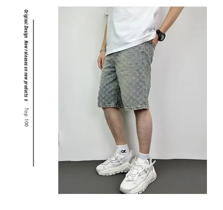 Fashion Casual Summer Light Blue Distressed Men Denim Shorts Smart Straight Leg Loosen Male High Street Niche Design Tide Shorts