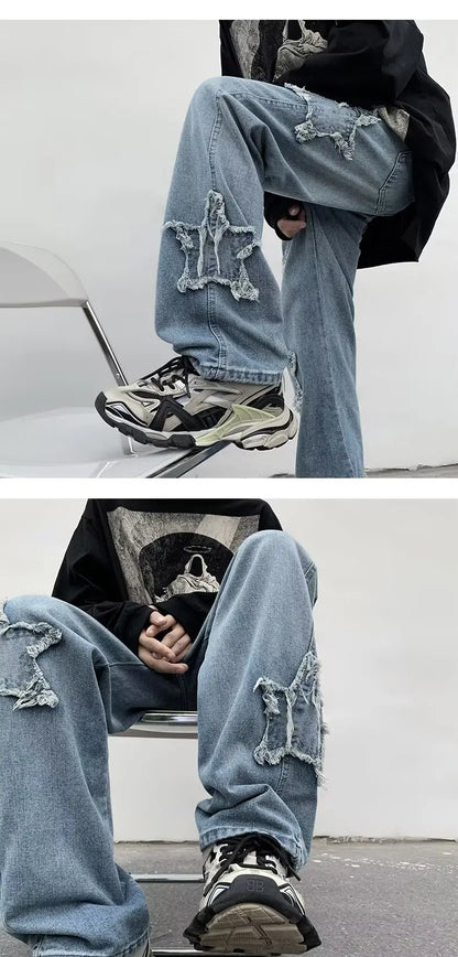 2025 New Fashion Stars Towel Embroidery Brown Men Jeans Pants Y2K Clothes Straight Hip Hop Cotton Trousers Pantalon Homme