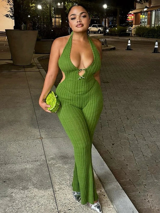 Weird Puss Backless Jumpsuit Women Low-Neck Sleeveless Skinny Stretch Halter Fitness Knit Clubwear Sexy Summer Trend Soft Outfit