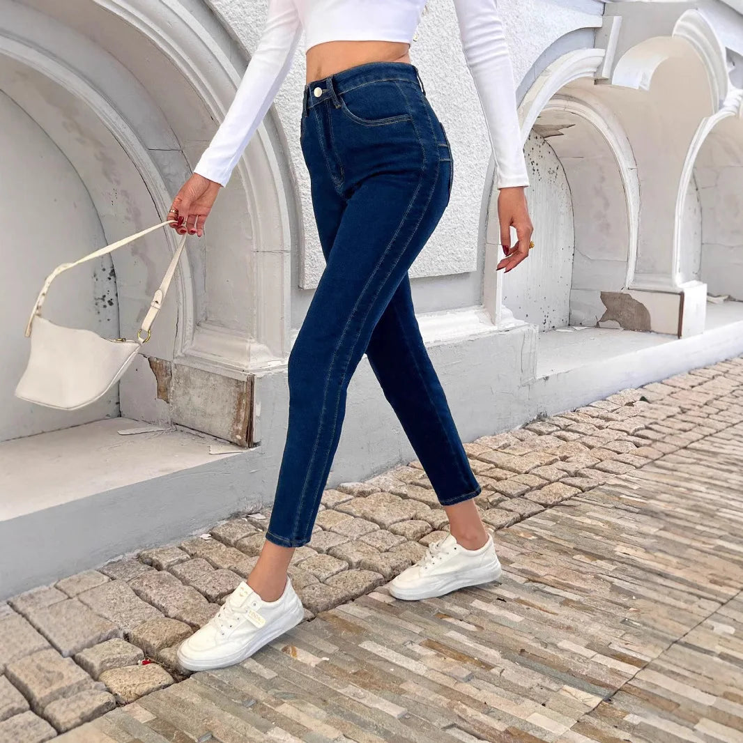 Europe and The United States Women's New Skinny Stretch Small Leg Jeans Four Seasons Simple Casual Denim Nine-point Pants Women