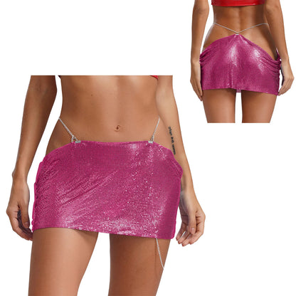 Women Sparkly Sequins Mini Skirt Low Waist Metal Chains Waistband Glitter Skirts Sexy Miniskirt Nightclub Rave Party Clubwear