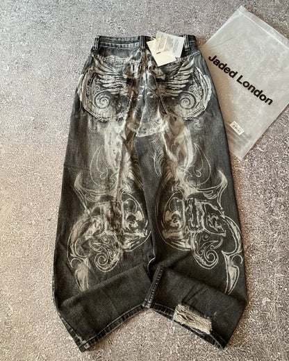 Y2K American New Hole Oversized Printing Washed Old Casual Jeans Men Punk Fashion Vintage Hip Hop High Waist Wide Leg Pants