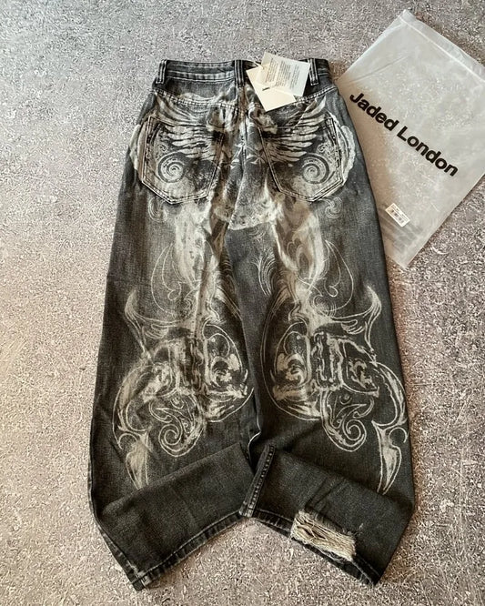 Y2K American New Hole Oversized Printing Washed Old Casual Jeans Men Punk Fashion Vintage Hip Hop High Waist Wide Leg Pants