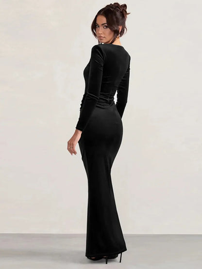 Trendix Velvet Elegant Evening Dress For Women Square Collar Long Sleeve Sexy Maxi Dresses Party Solid Slim Side Slit Dress 2025